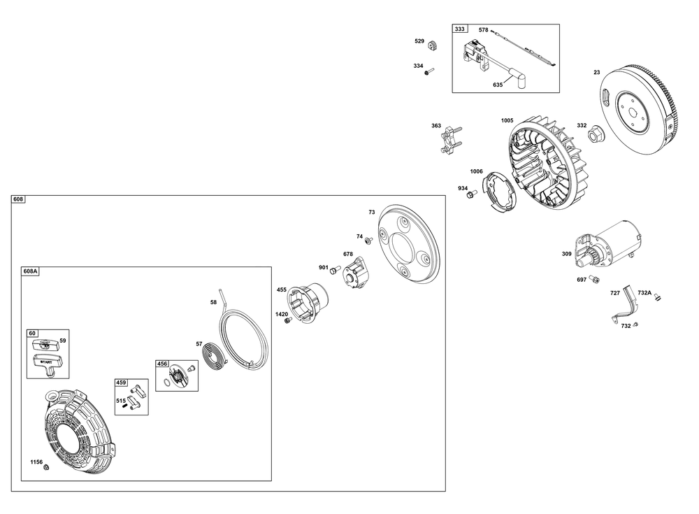 Flywheel, Ignition, And Starter Group Diagram and Parts List for 356777-0048-B5 200000 - 399999 Briggs and Stratton Engine